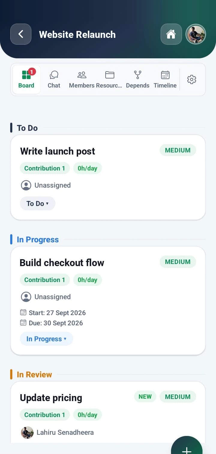 WorkXel mobile project board with tasks grouped into To Do, In Progress and In Review