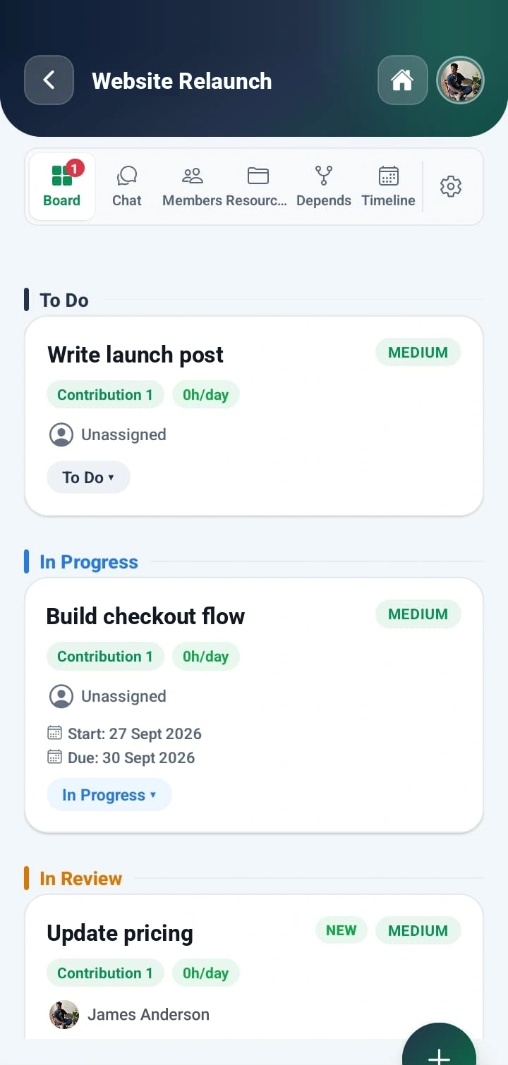 WorkXel mobile project board with tasks grouped into To Do, In Progress and In Review