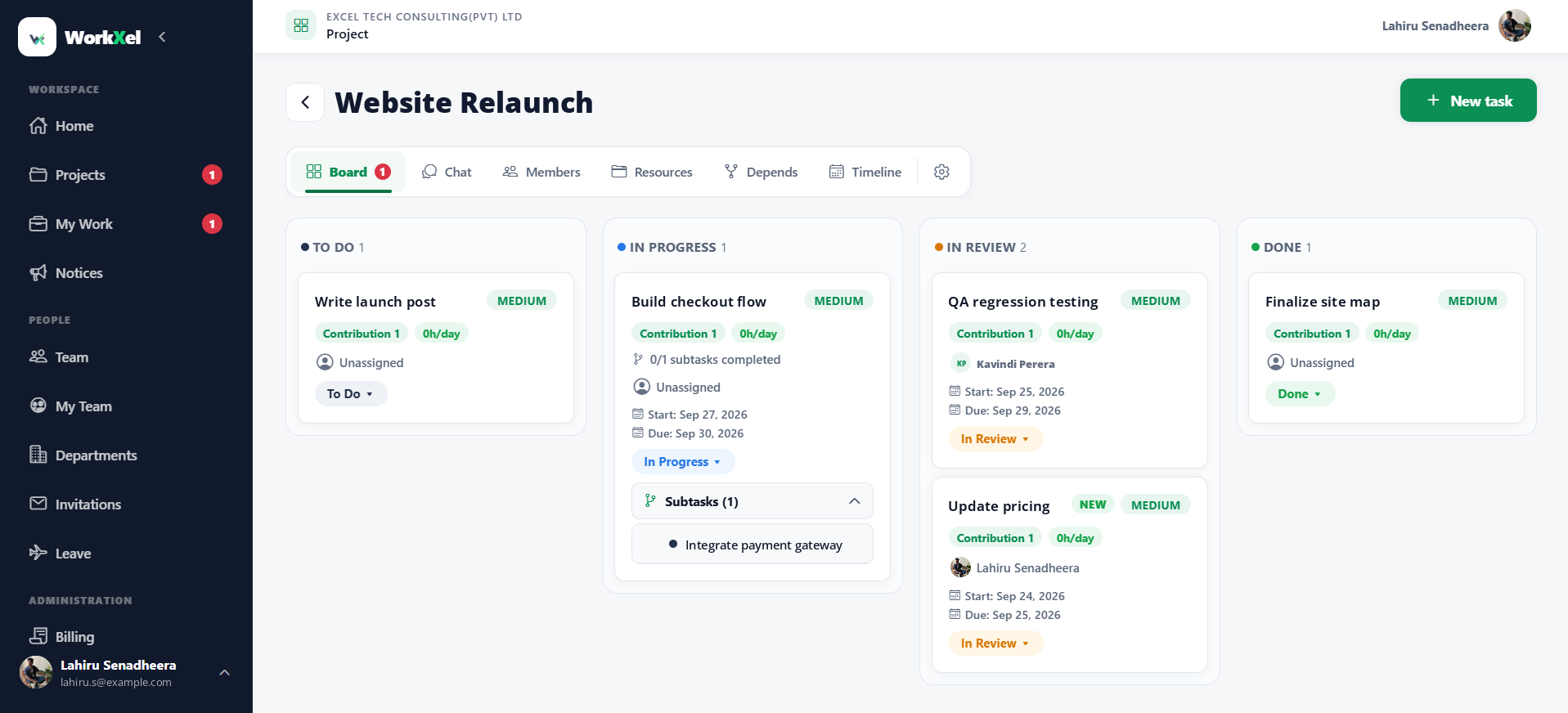 WorkXel project board for Website Relaunch with To Do, In Progress, In Review and Done columns; the Build checkout flow task shows its subtask, Integrate payment gateway