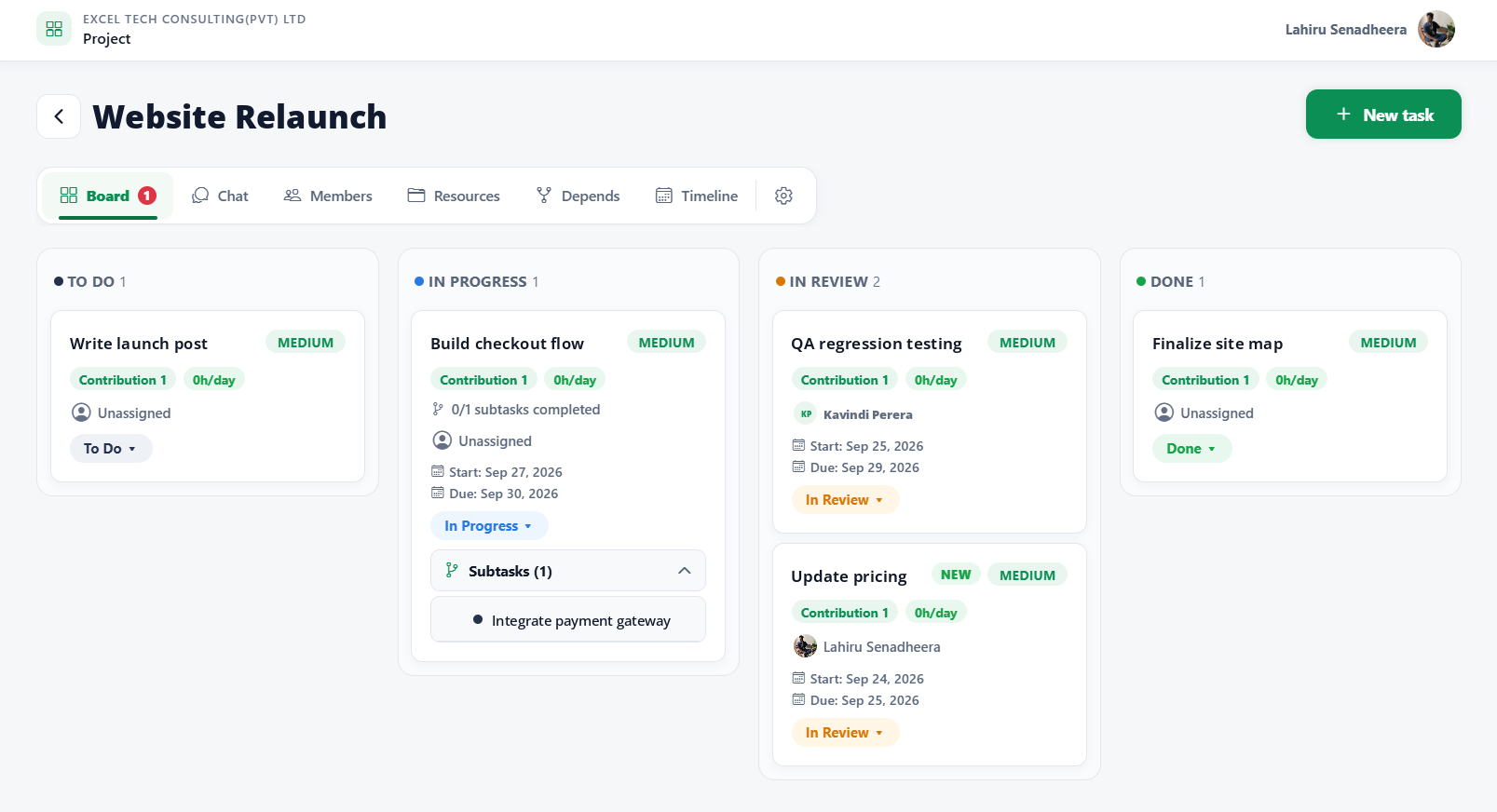 WorkXel project board for Website Relaunch with To Do, In Progress, In Review and Done columns; the Build checkout flow task shows its subtask, Integrate payment gateway