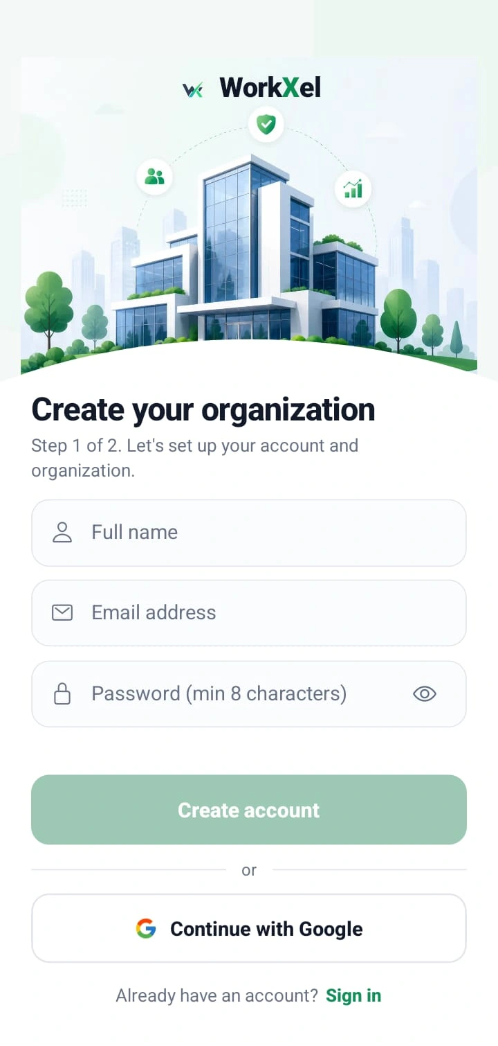 WorkXel mobile sign-up screen for creating an organization
