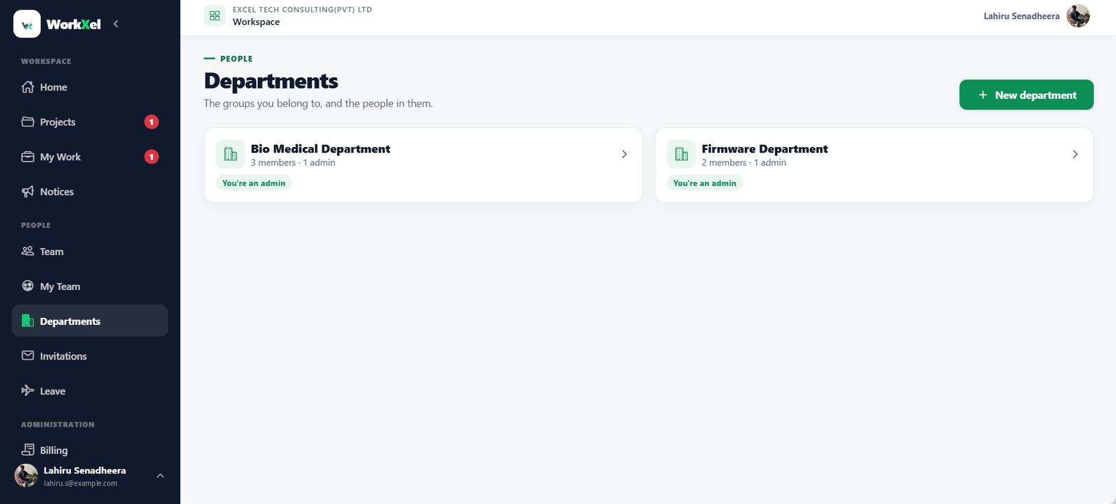 WorkXel departments screen with department cards, member counts and admins