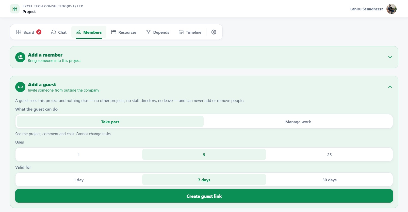 WorkXel Add a guest panel: choose whether the guest can take part or manage work, how many people the link works for, and how long it lasts