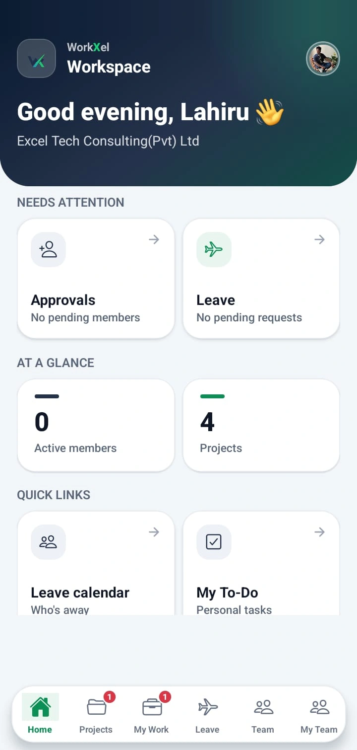 WorkXel mobile home screen with items that need attention, organization stats and quick links