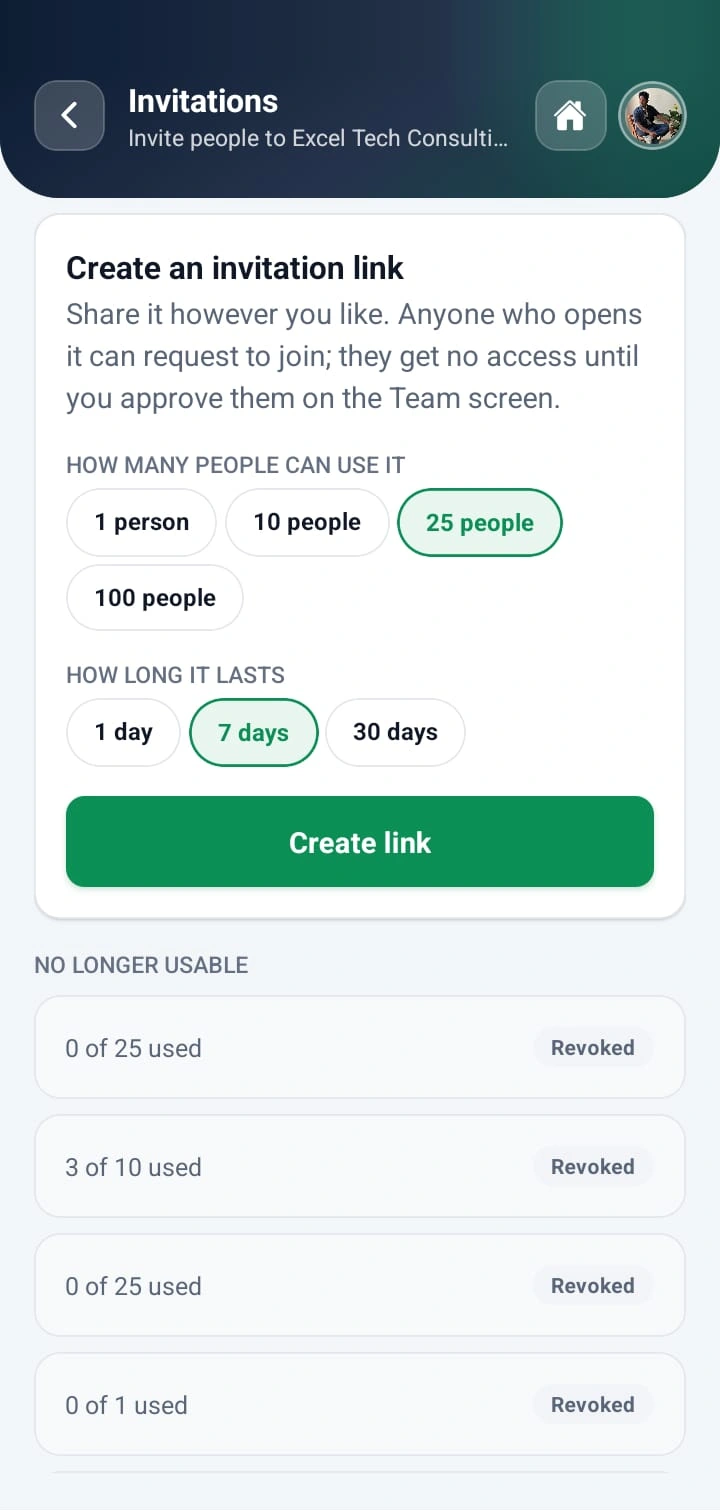 WorkXel mobile screen for creating an invitation link with a use limit and expiry