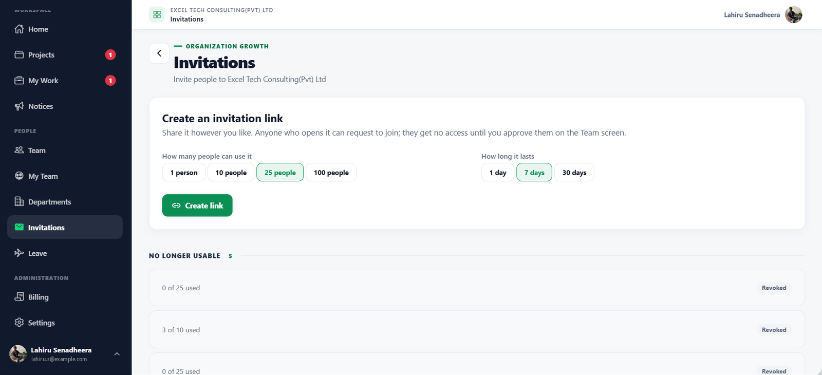 WorkXel invitations screen for creating a join link with a usage limit and expiry