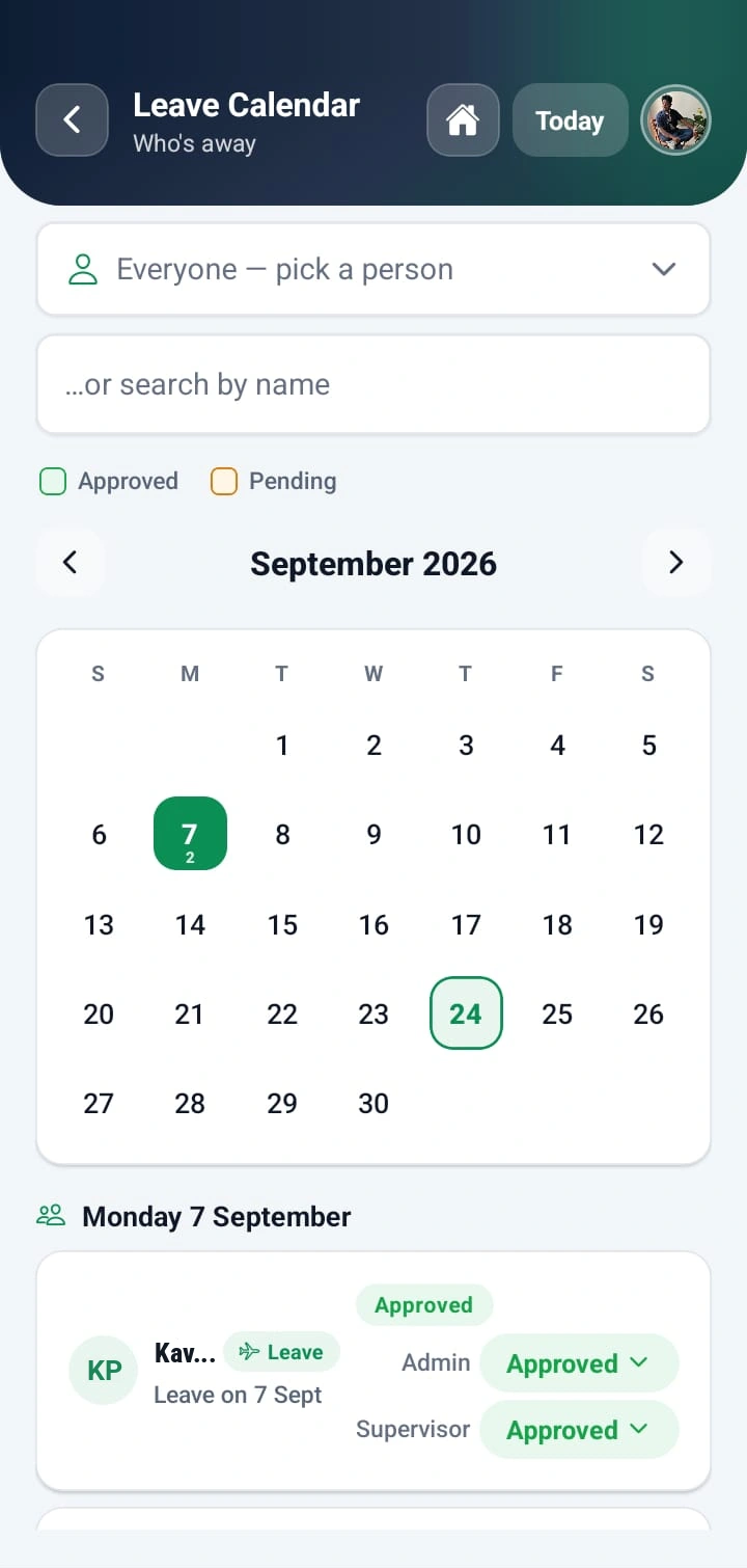 WorkXel mobile leave calendar showing an approved leave with admin and supervisor decisions