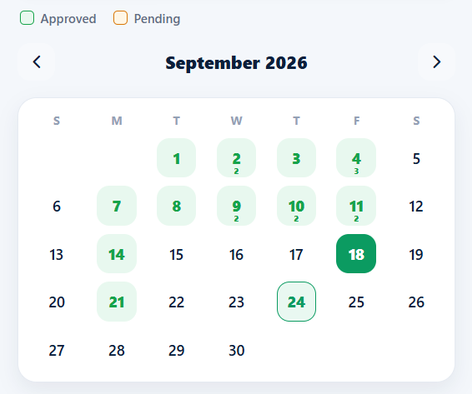 WorkXel leave calendar for September 2026, with days that have approved leave highlighted