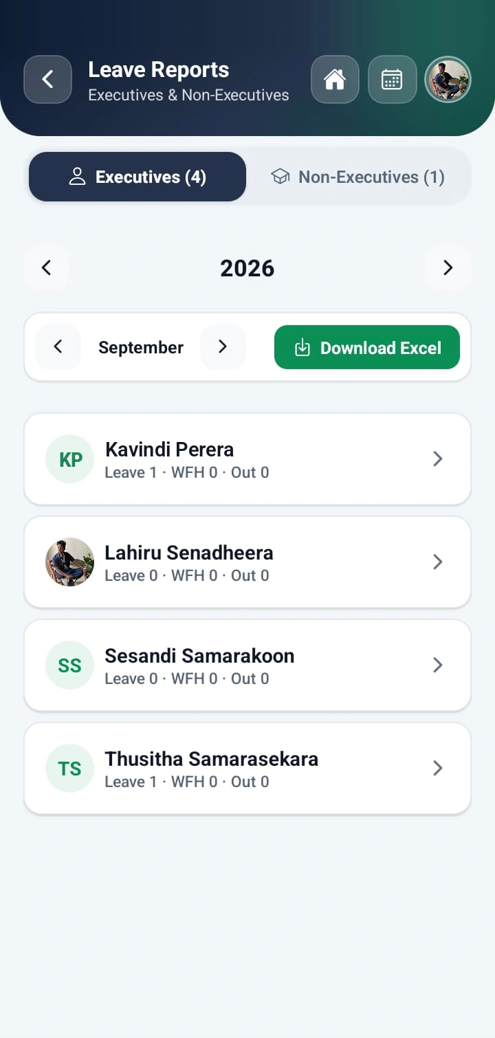 WorkXel mobile leave report for the month, split into Executives and Non-Executives, with an Excel download