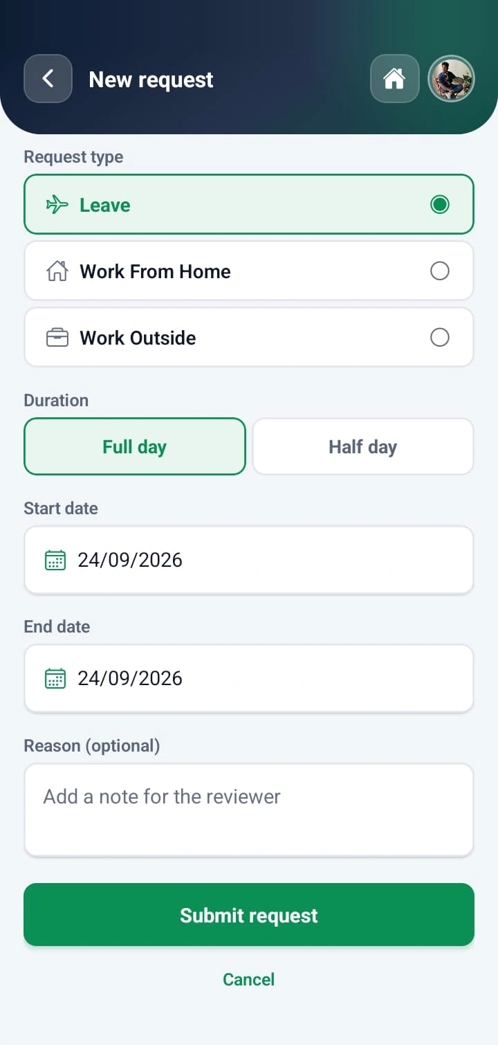 WorkXel mobile form for requesting leave, work from home or work outside, for a full or half day