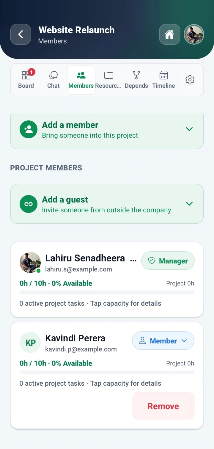 WorkXel mobile project members screen with options to add a member or invite a guest