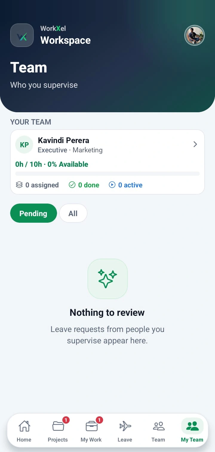 WorkXel mobile My Team screen showing the people a supervisor looks after and their pending leave requests