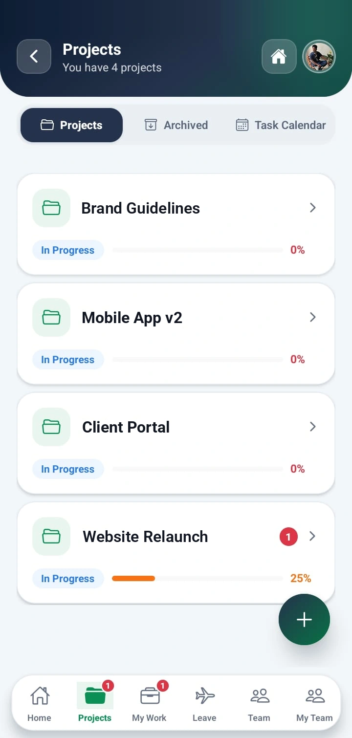 WorkXel mobile projects list with progress for each project