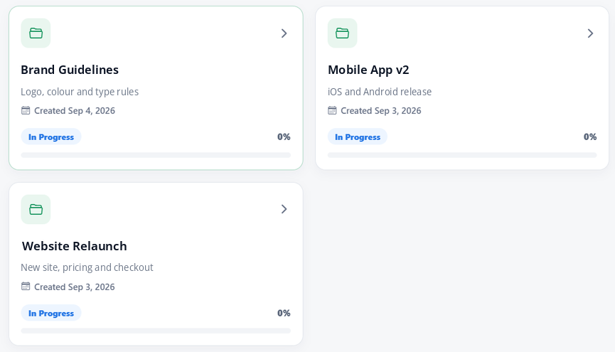 WorkXel project cards for Brand Guidelines, Mobile App v2 and Website Relaunch, each with its status and progress