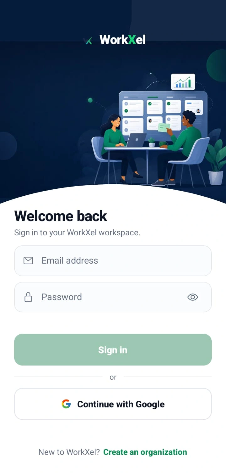 WorkXel mobile sign-in screen