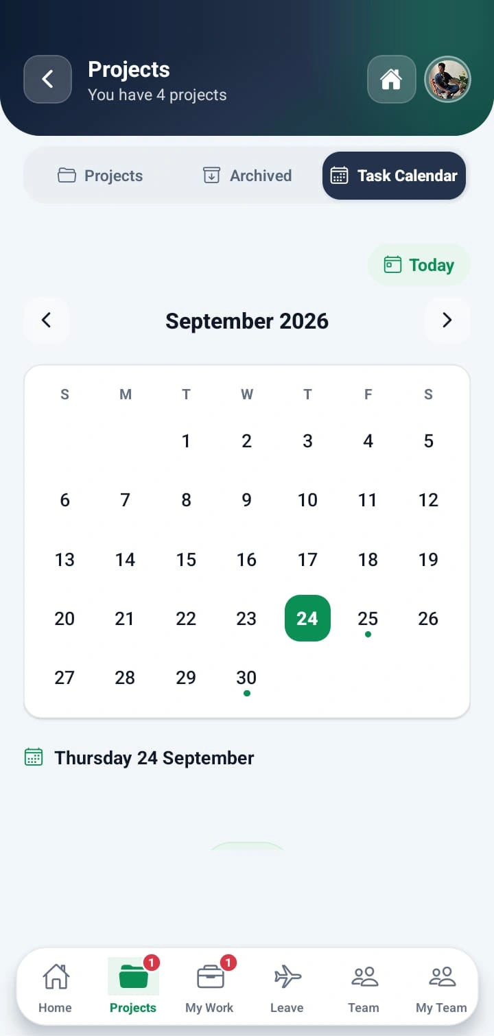 WorkXel mobile task calendar with dots on days that have deadlines