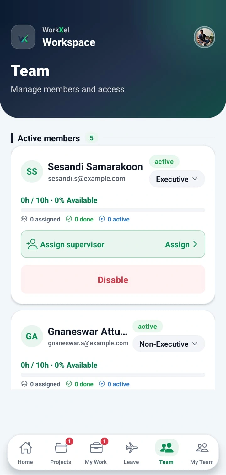 WorkXel mobile team screen with each member's access level, allocation and supervisor