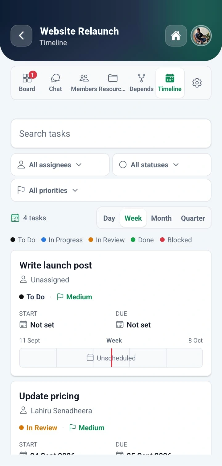 WorkXel mobile project timeline with filters and each task's start and due dates